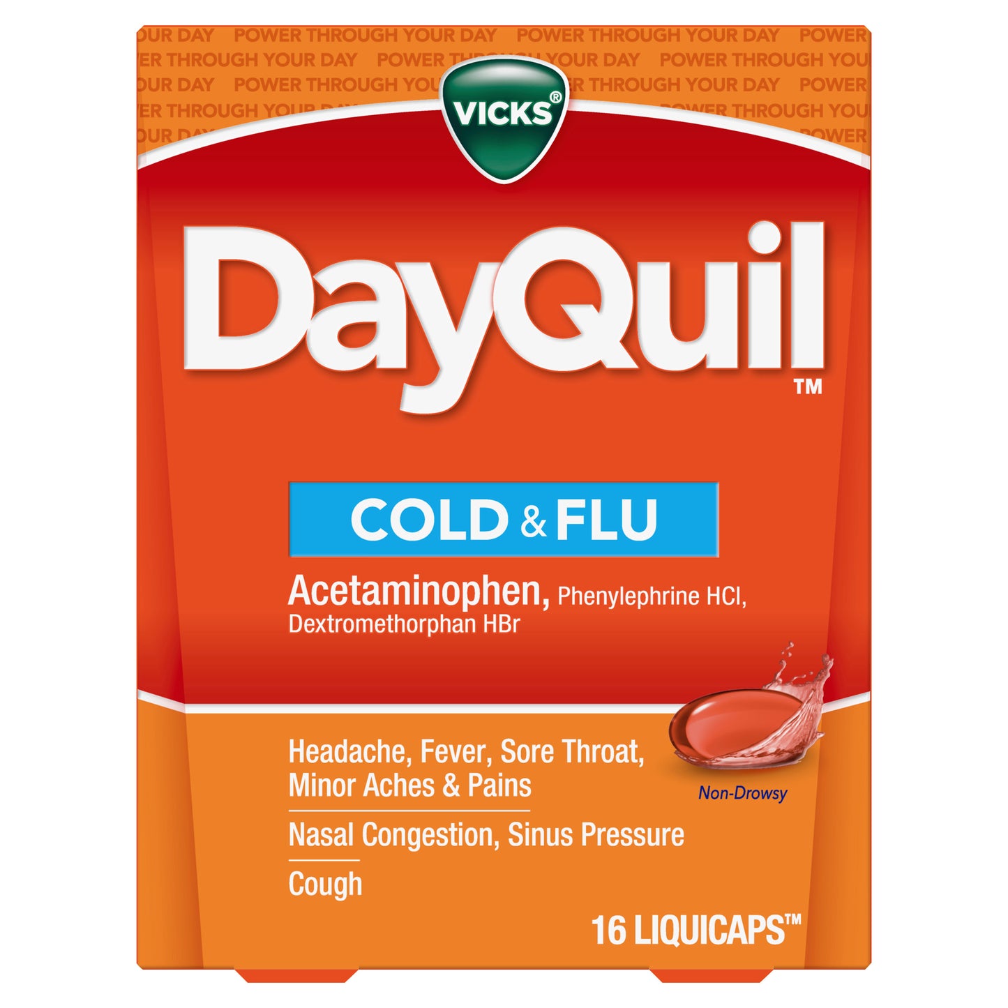 Vicks DayQuil Cold & Flu Medicine, Non-Drowsy Powerful Multi-Symptom Daytime Relief for Headache, Fever, Sore Throat, Minor Aches and Pains, Nasal Congestion, Sinus Pressure and Cough, 16 Liquicaps