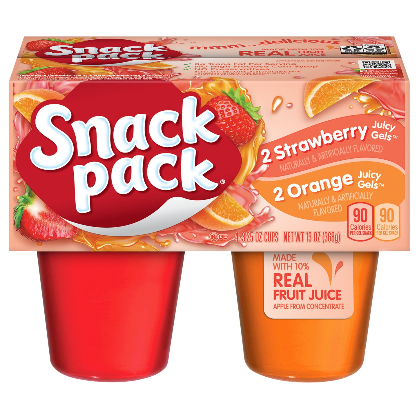 Snack Pack Strawberry and Orange Flavored Juicy Gels, 4 Count Snack Cups