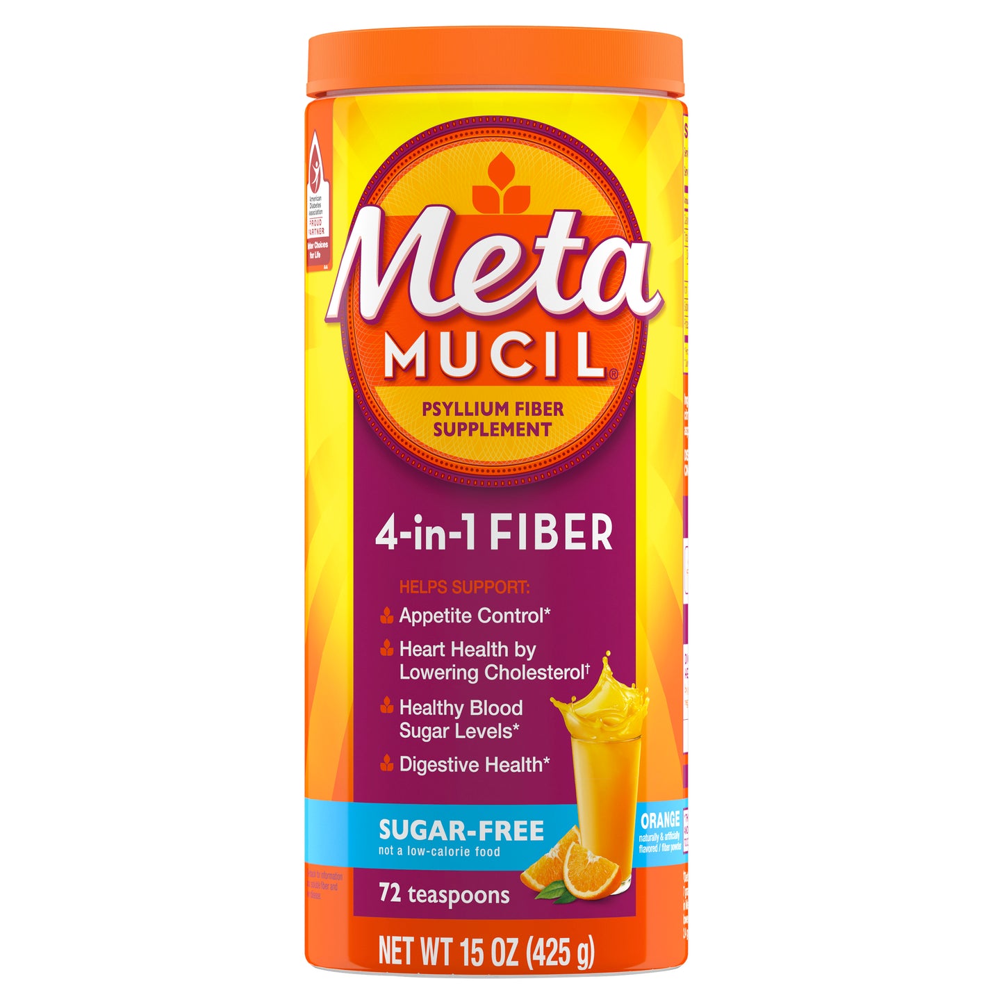 Metamucil, Daily Psyllium Husk Powder Supplement, Sugar-Free Powder, 4-in-1 Fiber for Digestive Health, Orange Flavored Drink, 72 teaspoons
