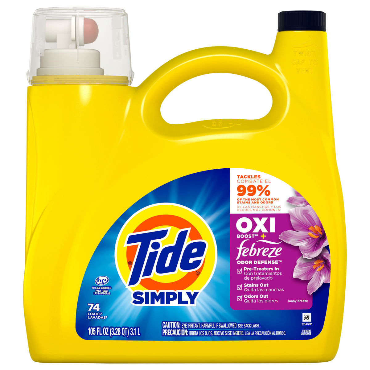 Tide Simply Oxi Boost + Febreze Odor Defense, 105 fl oz, 74 Loads, Tough on Stains and Odors, Febreze Sunny Breeze Scent