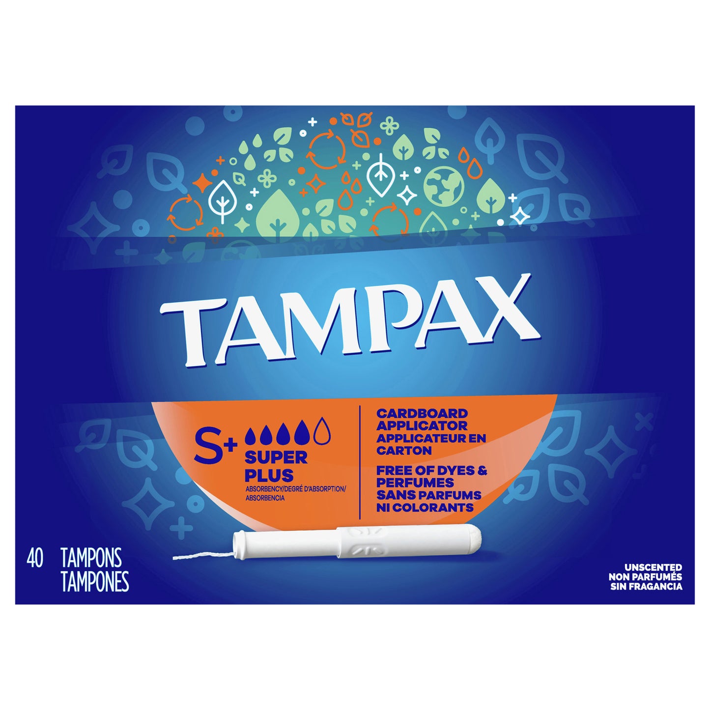 Tampax Cardboard Tampons Super Plus Absorbency, Anti-Slip Grip, LeakGuard Skirt, Unscented, 40 Count