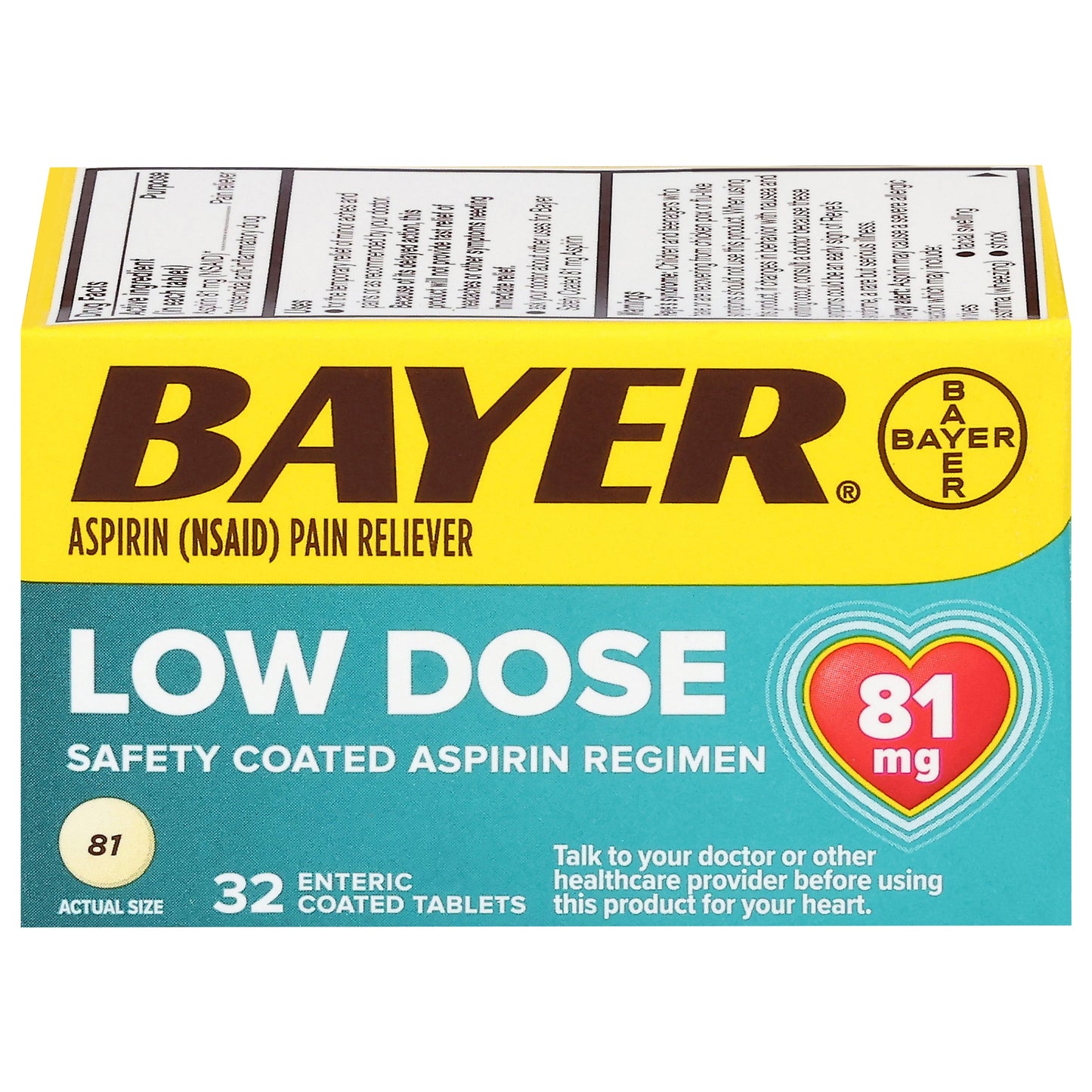 Bayer 81 mg Low Dose Aspirin (NSAID) Pain Reliever 32 Enteric Coated Tablets