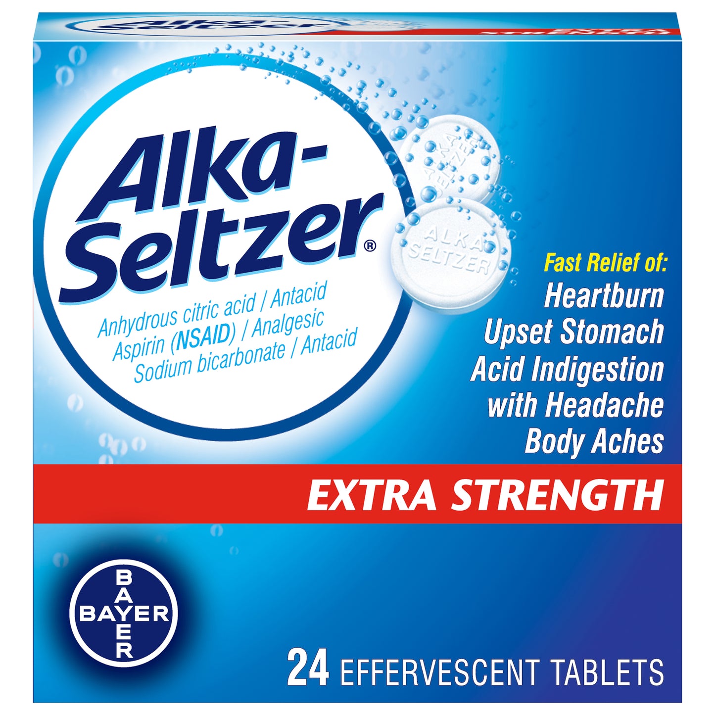 Alka-Seltzer Extra Strength Antacid/Analgesic Effervescent Tablets 24 ea Box