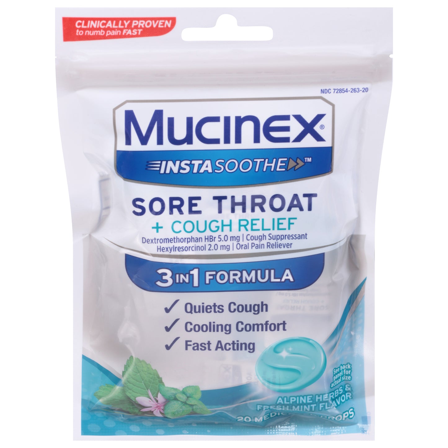 Mucinex InstaSoothe 3-in-1 Formula Alpine Herbs & Fresh Mint Flavor Sore Throat & Cough Relief 20 Drops