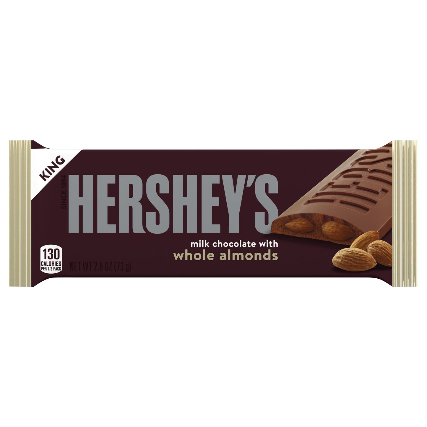 HERSHEY'S Milk Chocolate with Whole Almonds King Size, Candy Bar, 2.6 oz