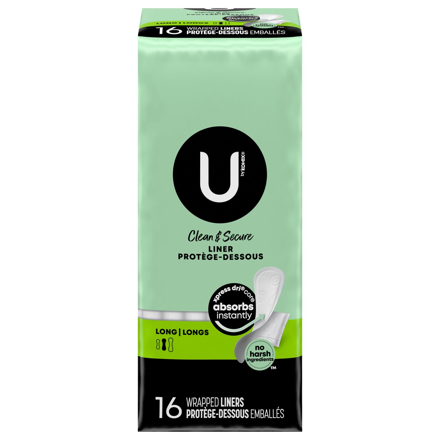 U by Kotex Clean & Secure Wrapped Panty Liners, Light Absorbency, Long Length, 16 Count
