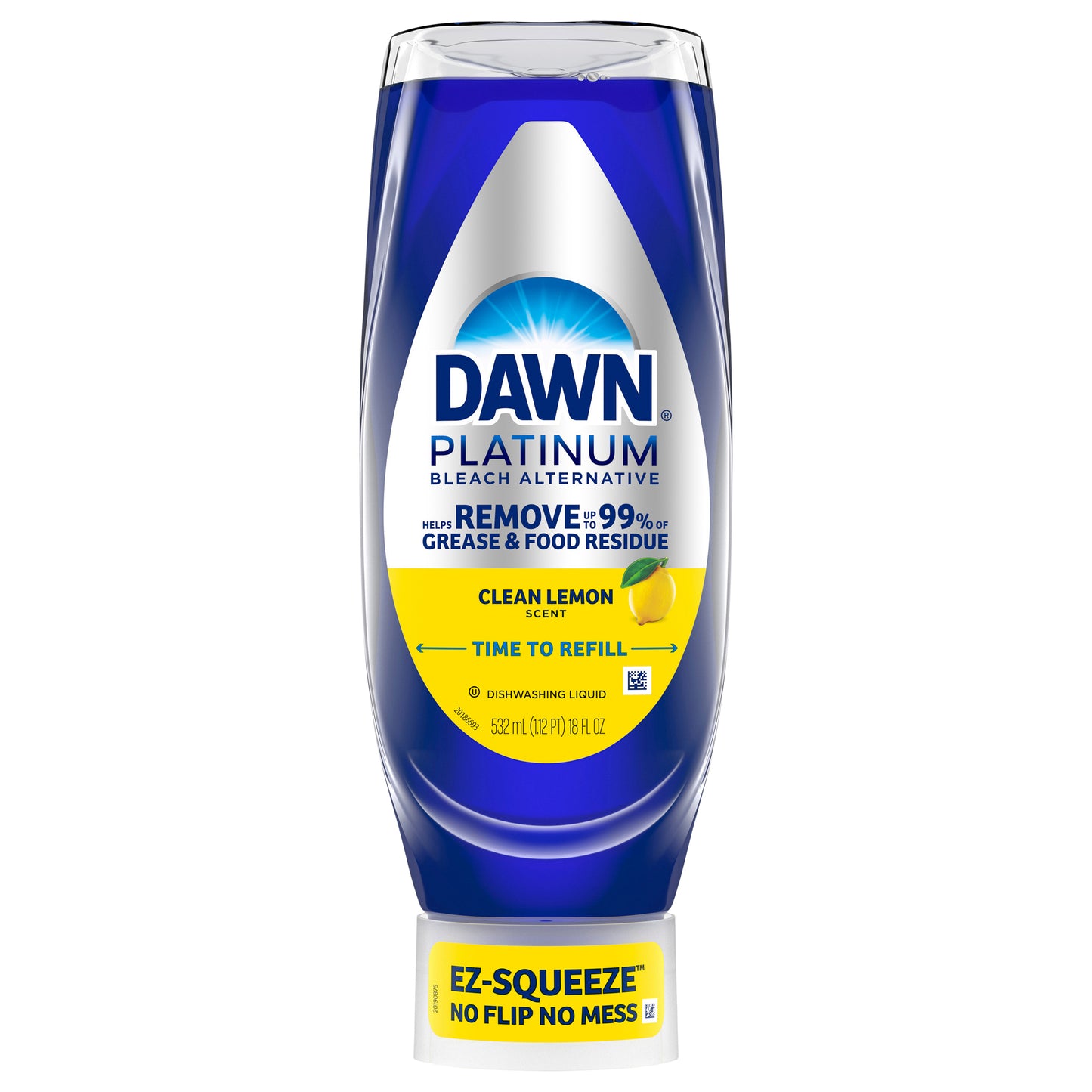 Dawn Platinum EZ-Squeeze Dish Soap Liquid, Dishwashing Liquid, Grease Removal, Upside Down Bottle, Bleach Alternative Clean Lemon, 18 Fl Oz