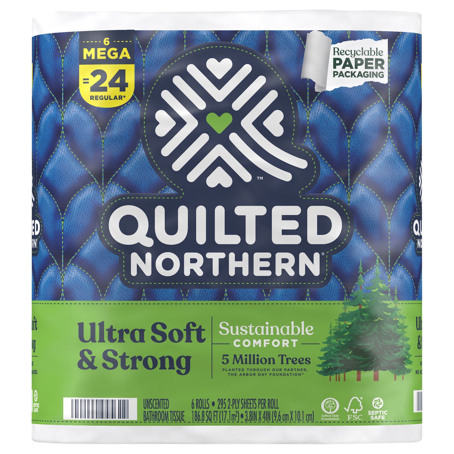 Quilted Northern Ultra Soft & Strong Toilet Paper with Paper Packaging, 6 Mega Rolls = 24 Regular Rolls