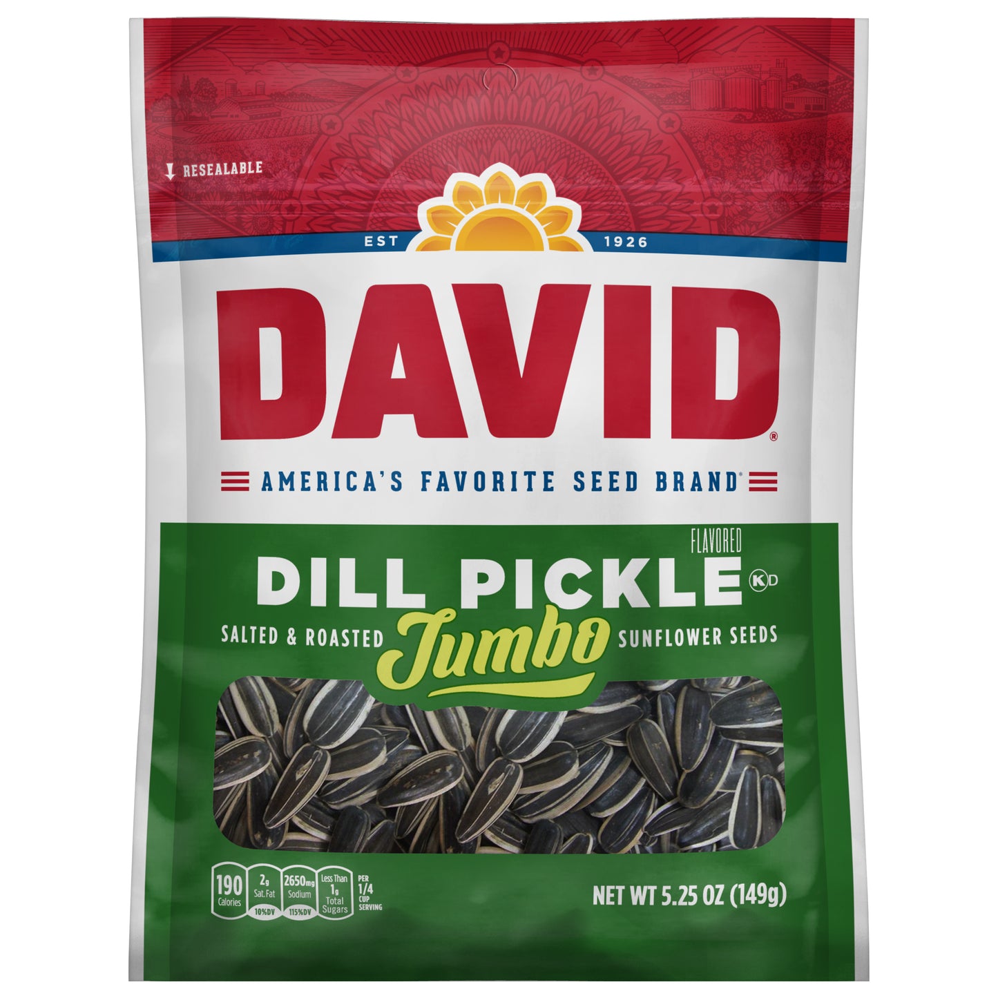 DAVID Roasted and Salted Dill Pickle Jumbo Sunflower Seeds, 5.25 oz