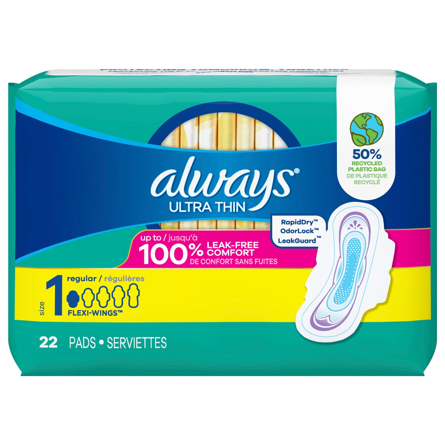Always Ultra Thin Pads with Flexi-Wings, Size 1, Regular, Unscented, 22 CT