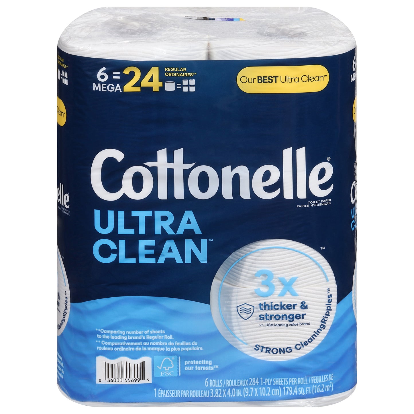 Cottonelle Ultra Clean Toilet Paper, Strong Toilet Tissue, 6 Mega Rolls (6 Mega Rolls = 24 Regular Rolls), 284 Sheets Per Roll