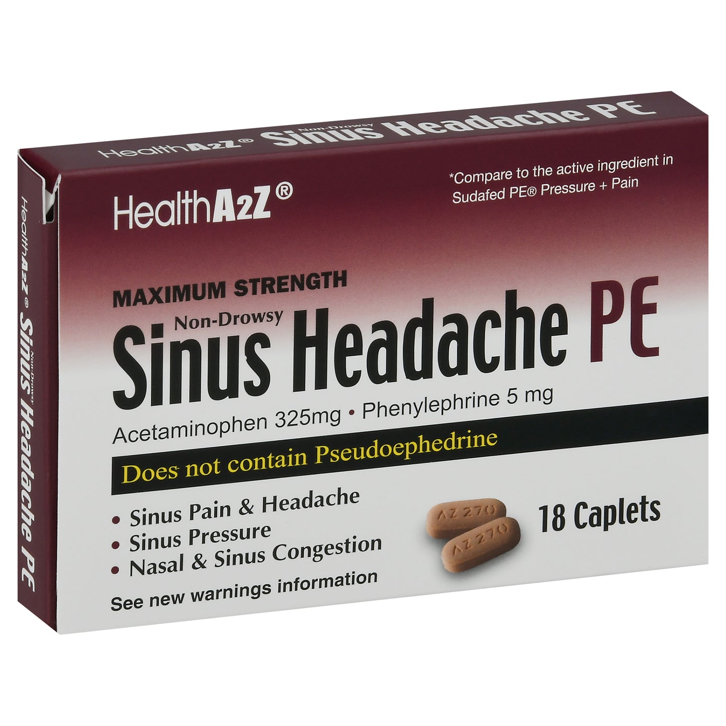 HealthA2Z Non-Drowsy Maximum Strength Sinus Headache PE Caplets 18 ea