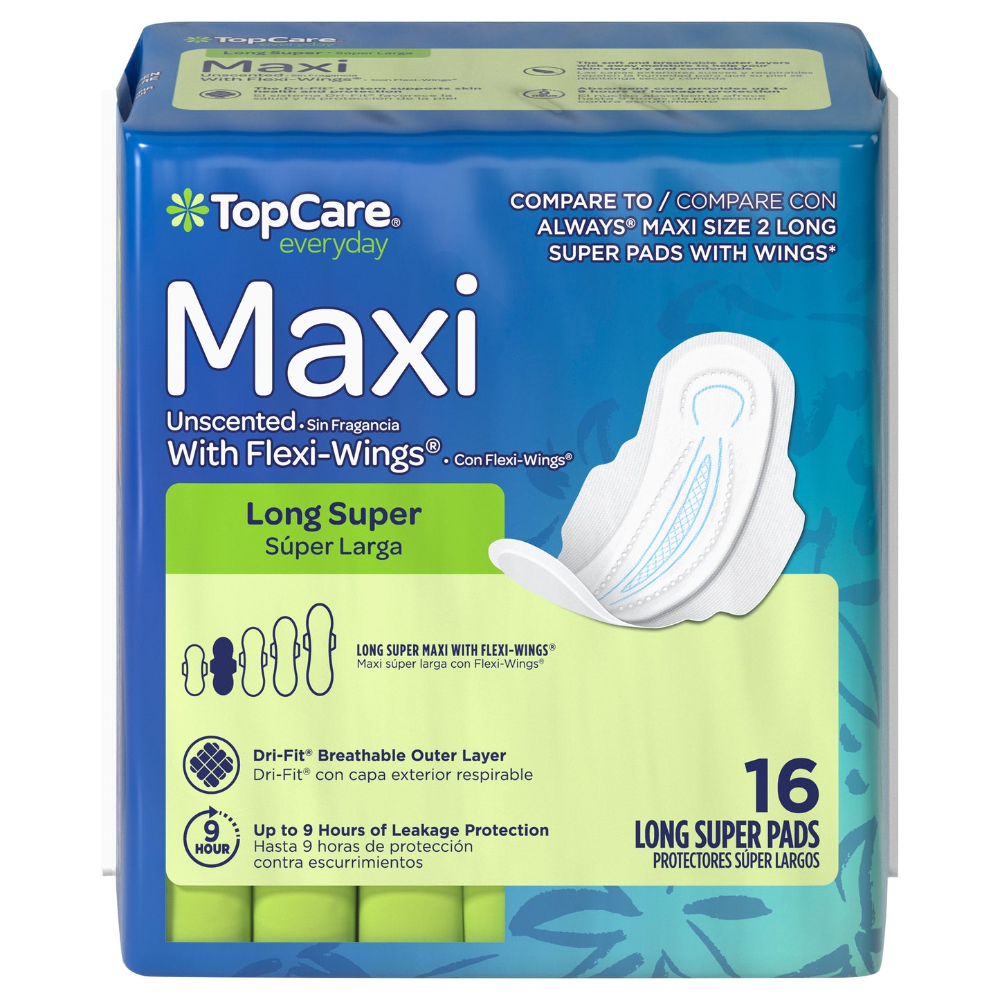 TopCare Everyday Womens Long Super Maxi Unscented Pads with Flexi-Wings 16 ea