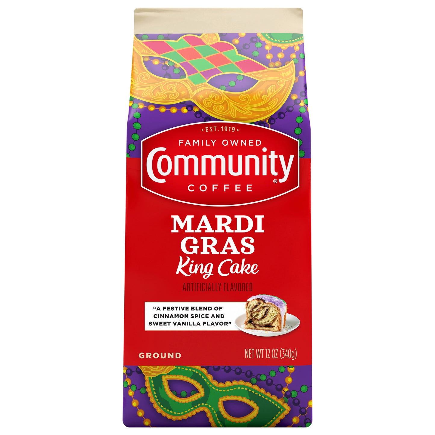 Community Coffee Mardi Gras King Cake Medium Roast Ground 12 oz Gable Top