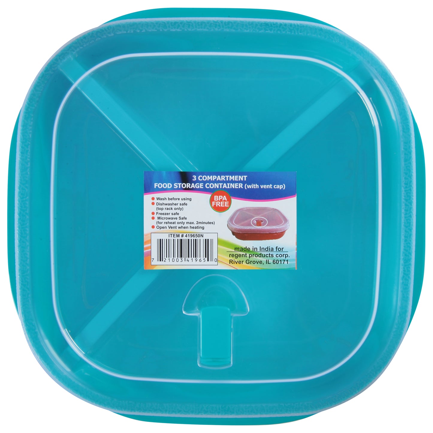 Regent Products 3 Compartment Food Storage Container with Vent Cap 1 ea - SQUARE