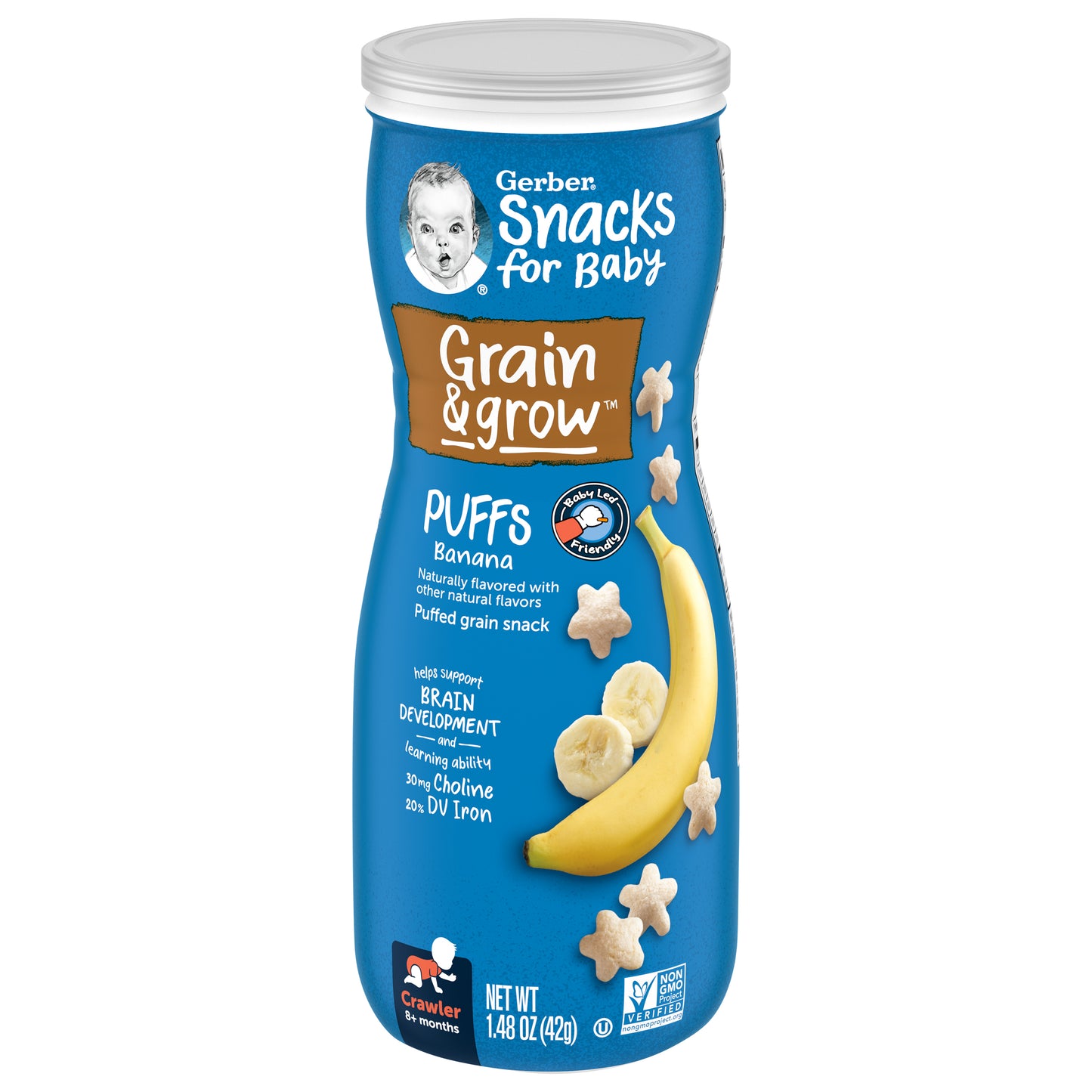 Gerber Snacks for Baby Crawler (8+ Months) Grain & Grow Banana Puffs 1.48 oz Snacks Canister