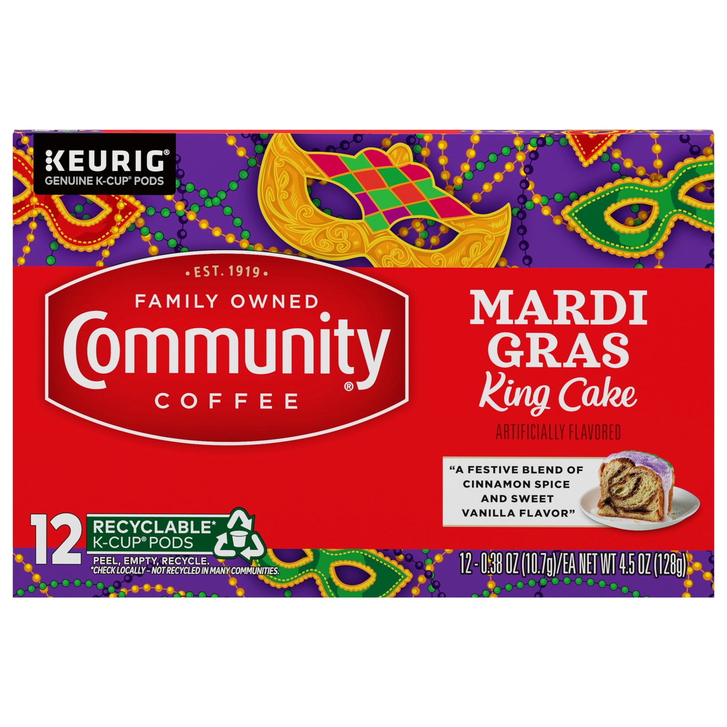 Community Coffee Mardi Gras King Cake Medium Roast Single Serve 12 ct Box