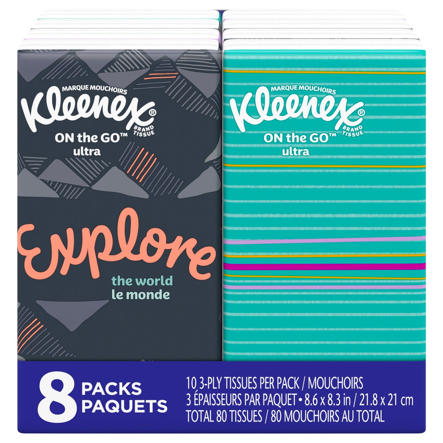 Kleenex On-the-Go Facial Tissues, Travel Size Tissues, 8 Packs, 10 Tissues per Box, 3-Ply (80 Total Tissues)