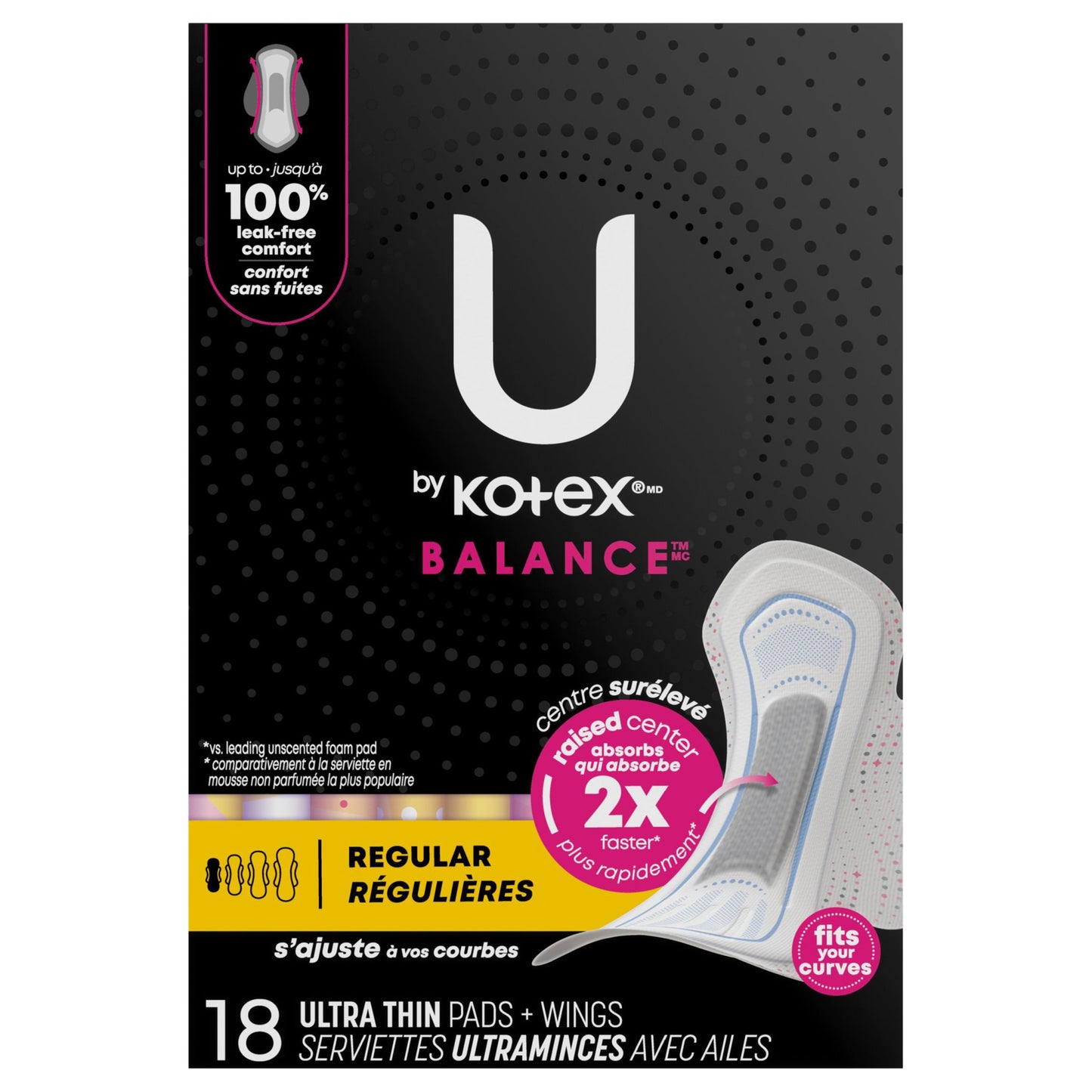 U by Kotex Balance Ultra Thin Pads with Wings, Regular Absorbency, 18 Count