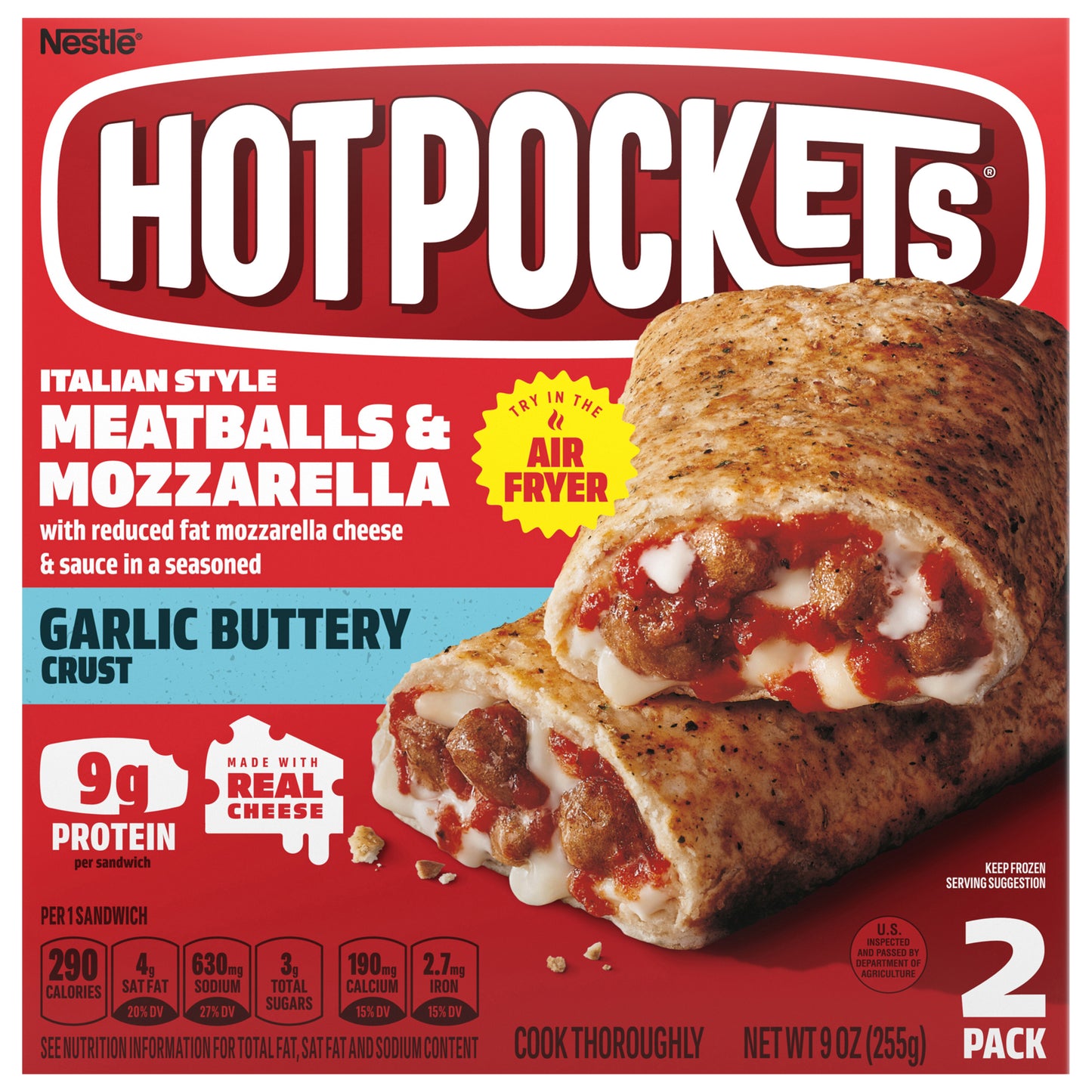 Hot Pockets Italian Style Meatballs and Mozzarella Frozen Snacks, Pizza Snacks Made with Reduced Fat Mozzarella Cheese, 2 Count Frozen Sandwiches 9 oz.