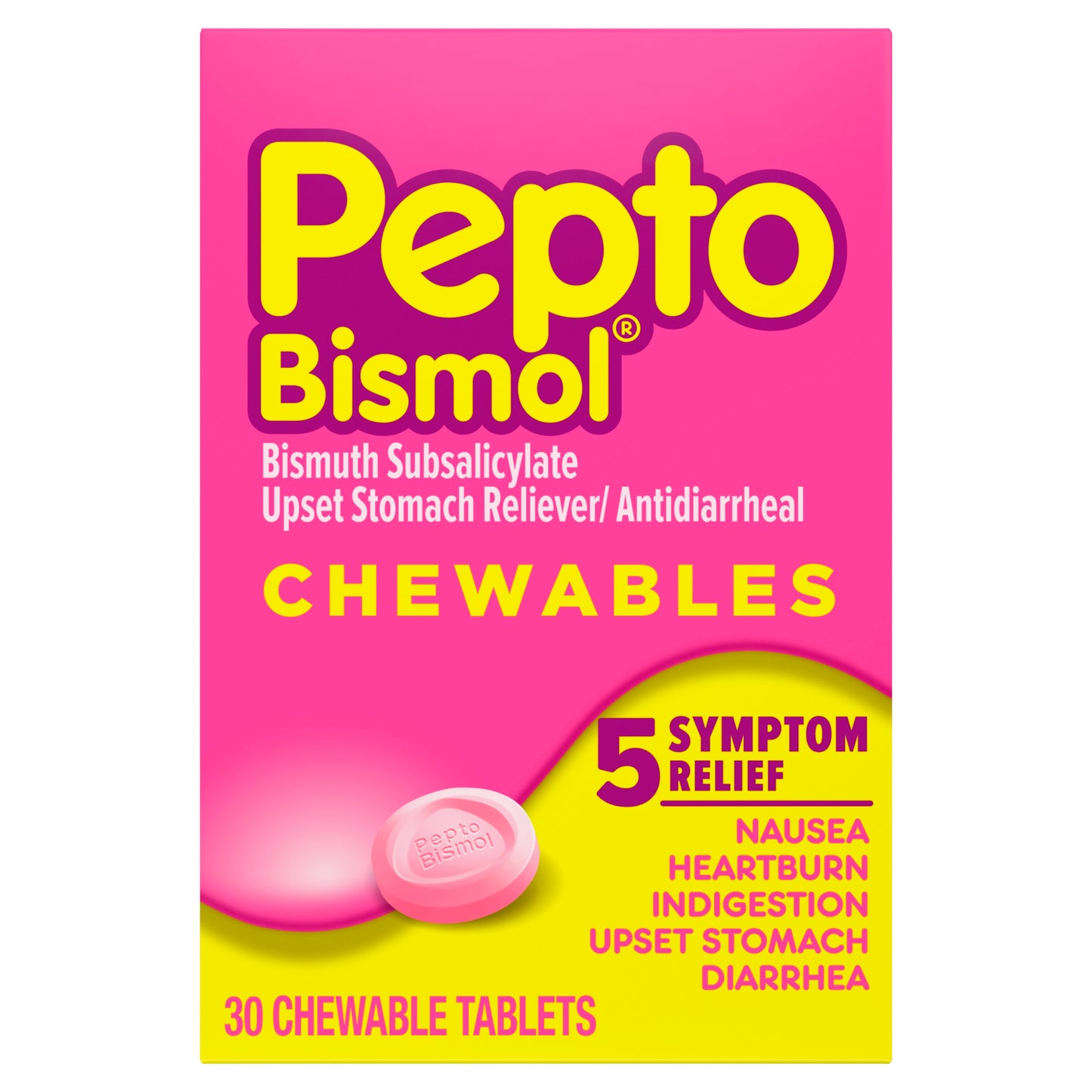 Pepto Bismol Chewable Tablets for Nausea, Heartburn, Indigestion, Upset Stomach, and Diarrhea - 5 Symptom Fast Relief, Original Flavor 30 ct