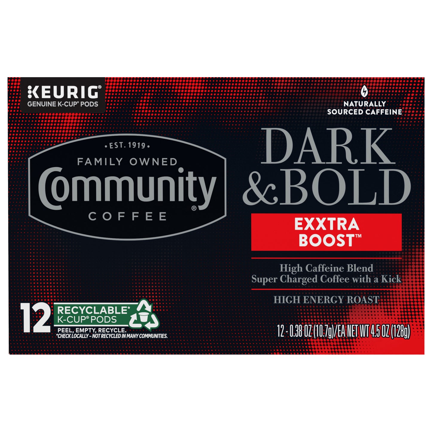 Community Coffee Dark & Bold Exxtra Boost Single Serve 12 ct Box