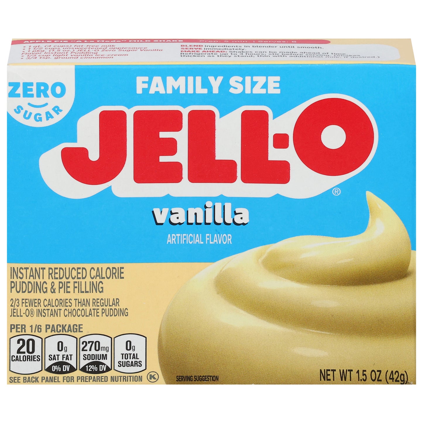 Jell-O Vanilla Artificially Flavored Zero Sugar Instant Reduced Calorie Pudding & Pie Filling Mix, Family Size, 1.5 oz Box