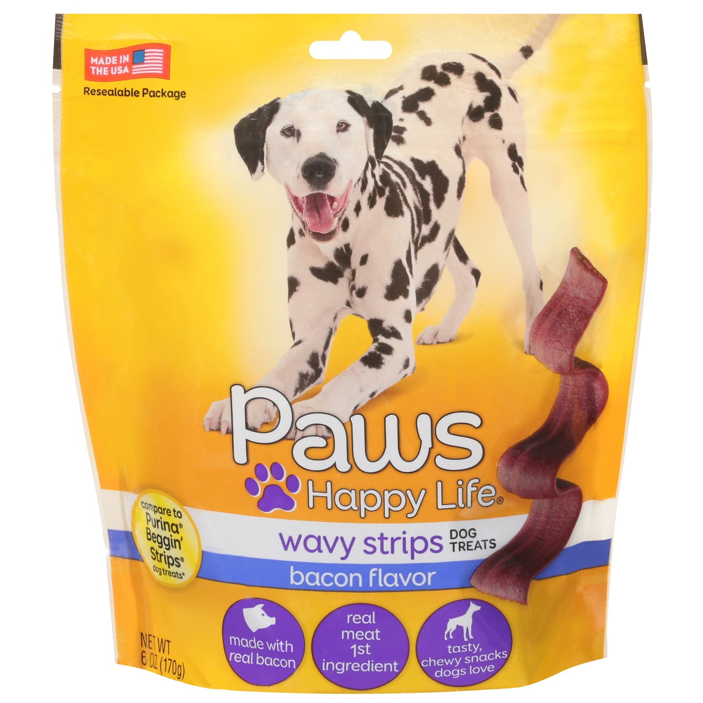 Paws Happy Life Wavy Strips Bacon Flavor Dog Treats 6 oz