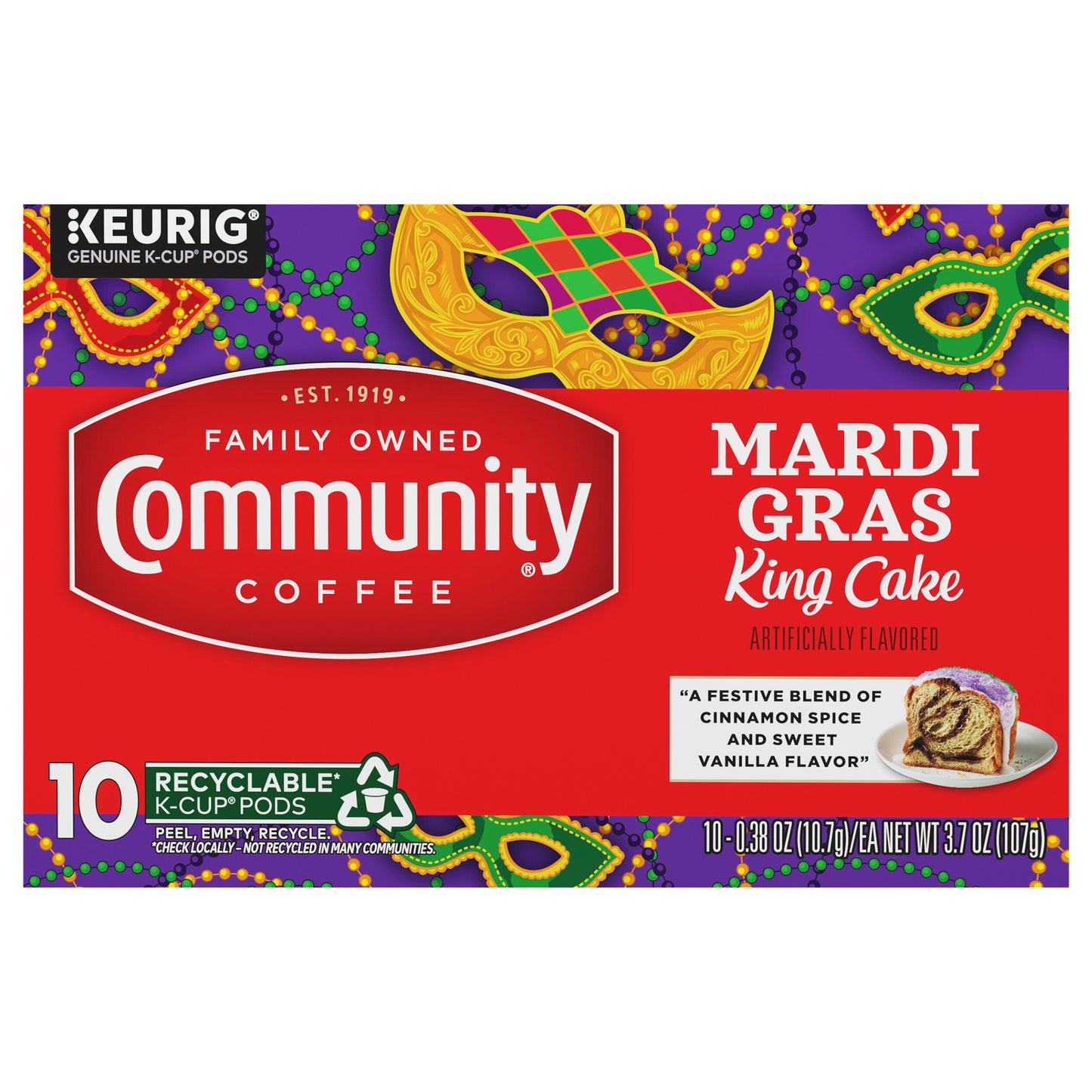 Community® Coffee Mardi Gras King Cake Medium Roast Keurig® K-Cup® Pods 10 ct Box