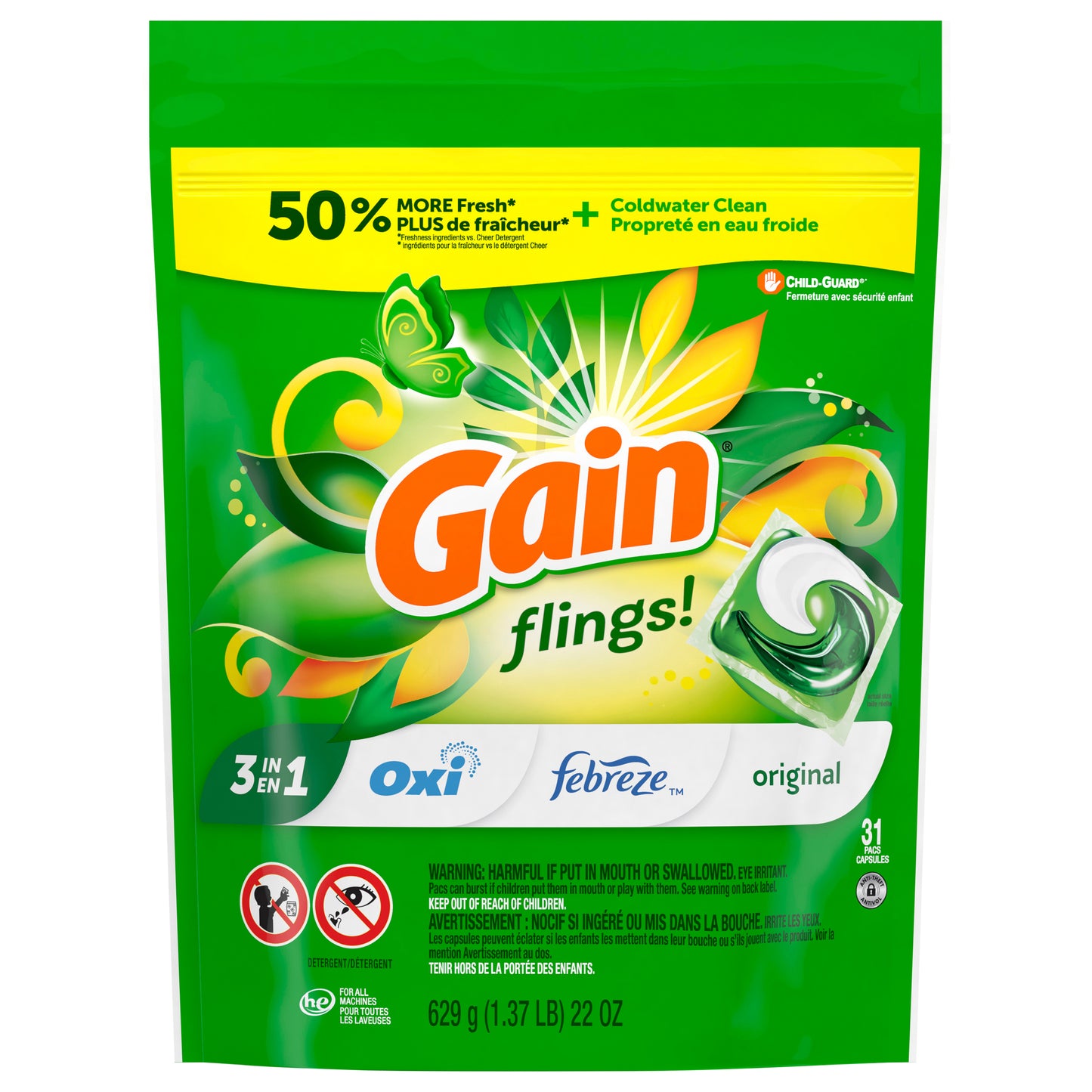 Gain Flings Laundry Detergent Pacs, 152 Count, Original Scent, 3 in 1 HE Detergent Pacs with Oxi Boost and Febreeze