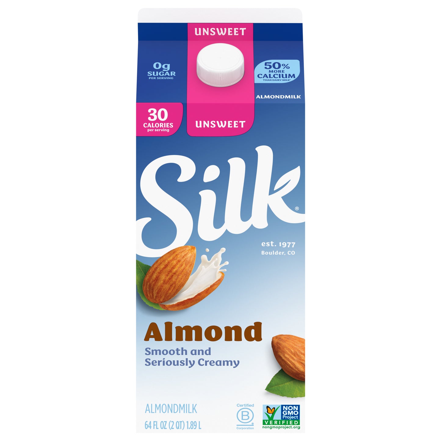 Silk Almond Milk, Unsweet, Dairy Free, Gluten Free, 64 FL OZ Half Gallon