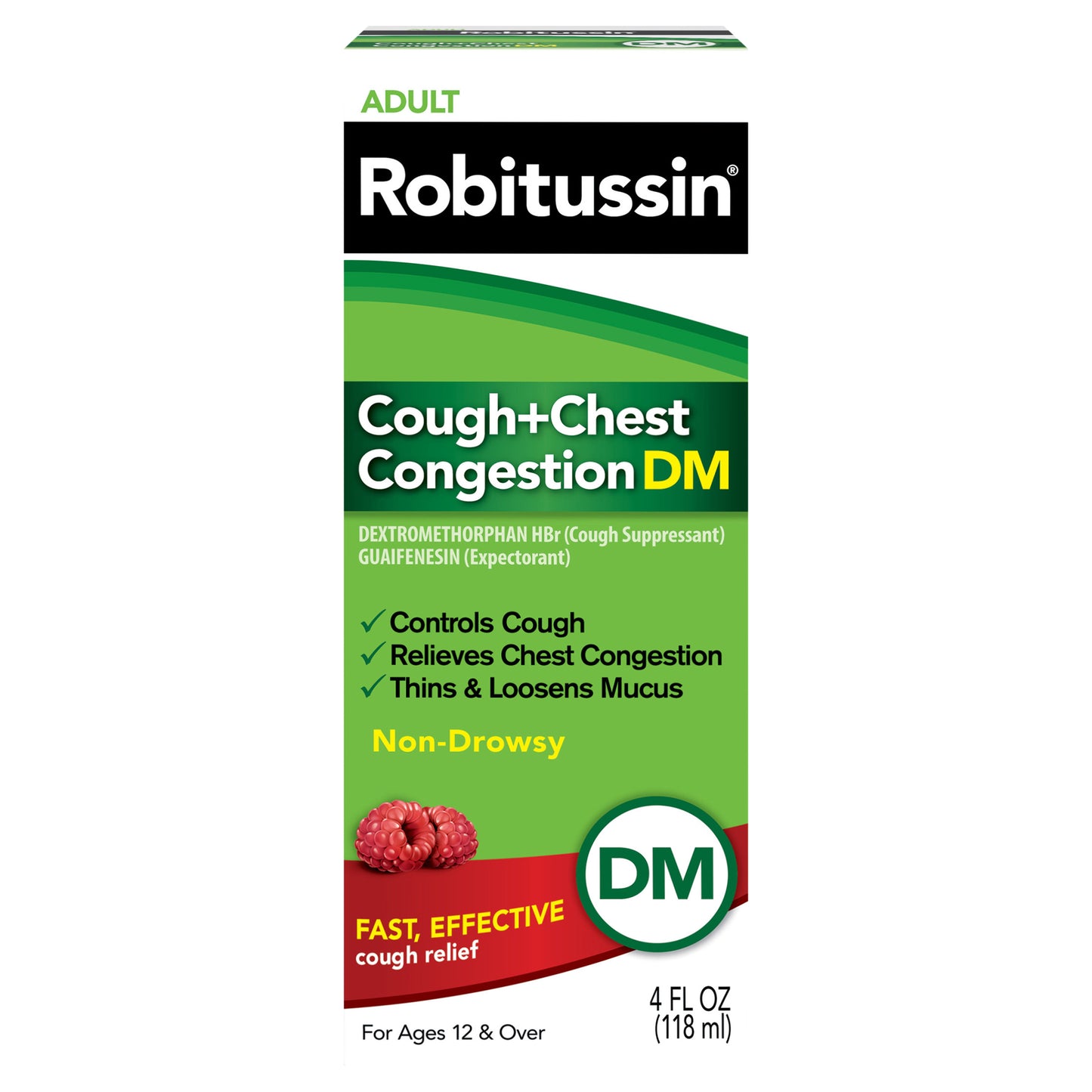 Robitussin Cough and Chest Congestion DM, Cough Suppressant and Expectorant, Raspberry Flavor - 4 Fl Oz Bottle