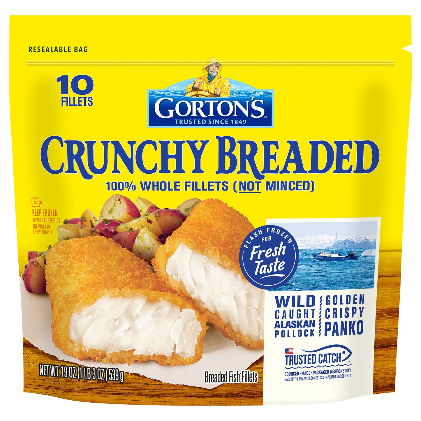Gorton’s Crunchy Breaded Fish 100% Whole Fillets, Wild Caught Alaskan Pollock with Crunchy Panko Breadcrumbs, Frozen, 10 Count, 19 Ounce Resealable Bag
