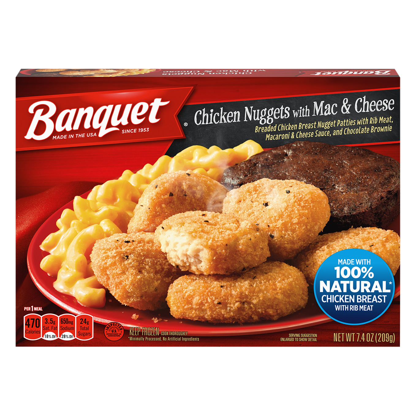 Banquet Chicken Nuggets with Mac and Cheese and Brownie Frozen Single Serve Meal, 7.4 Ounce