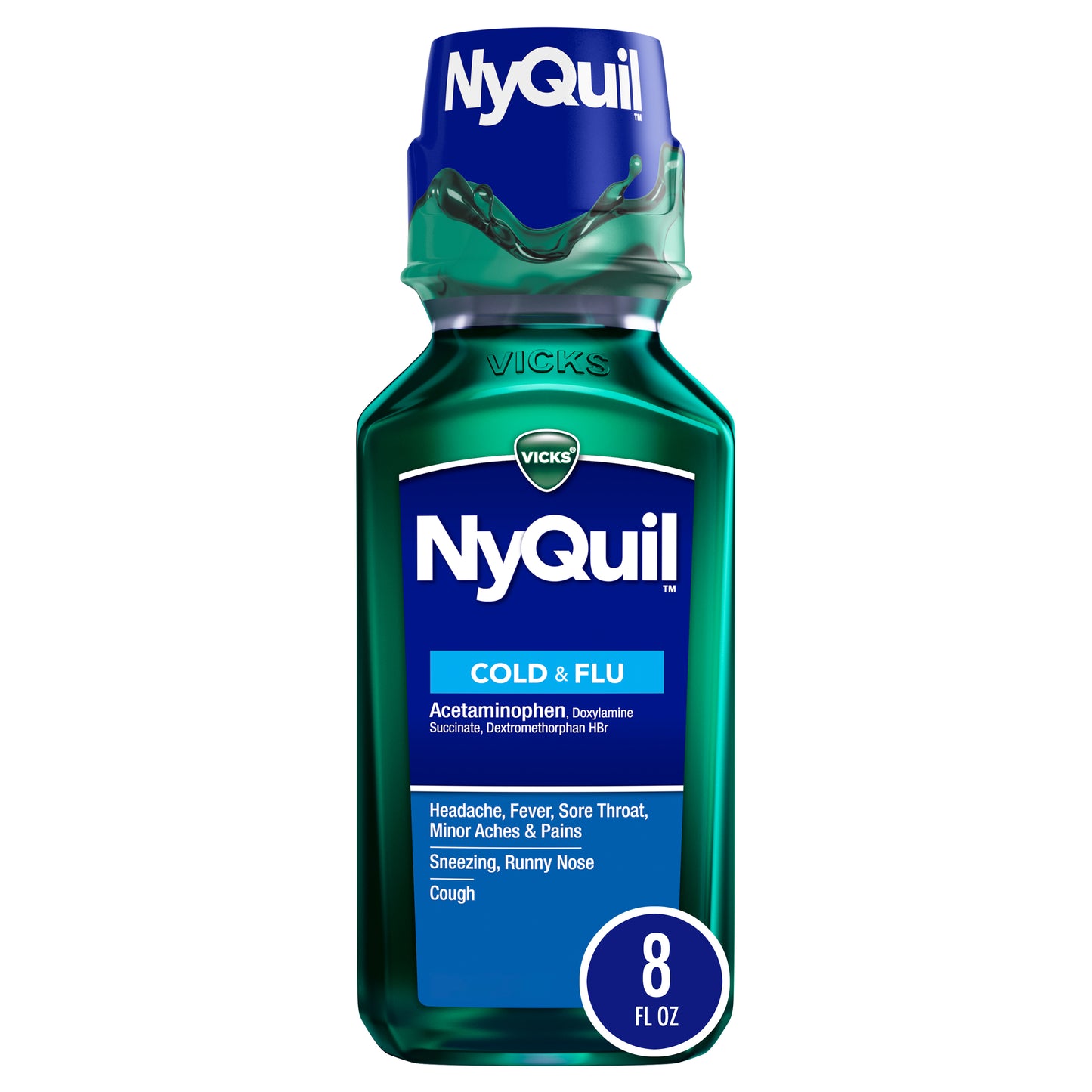 Vicks NyQuil Cold and Flu Relief Liquid Medicine, Powerful Multi-Symptom Nighttime Relief for Headache, Fever, Sore Throat, Minor Aches and Pains, Sneezing, Runny Nose, and Cough, 8 FL OZ