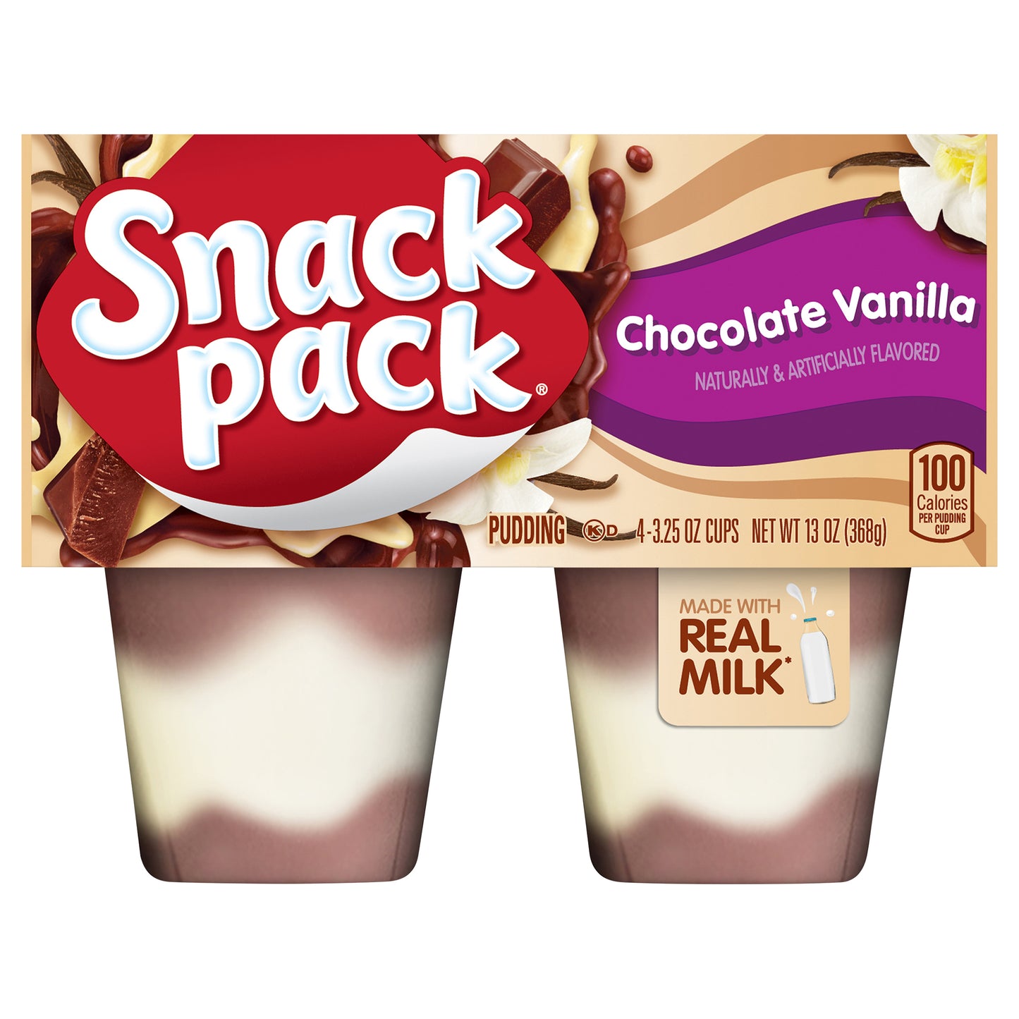 Snack Pack Chocolate Vanilla Flavored Pudding, 4 Count Pudding Cups (12 Pack)