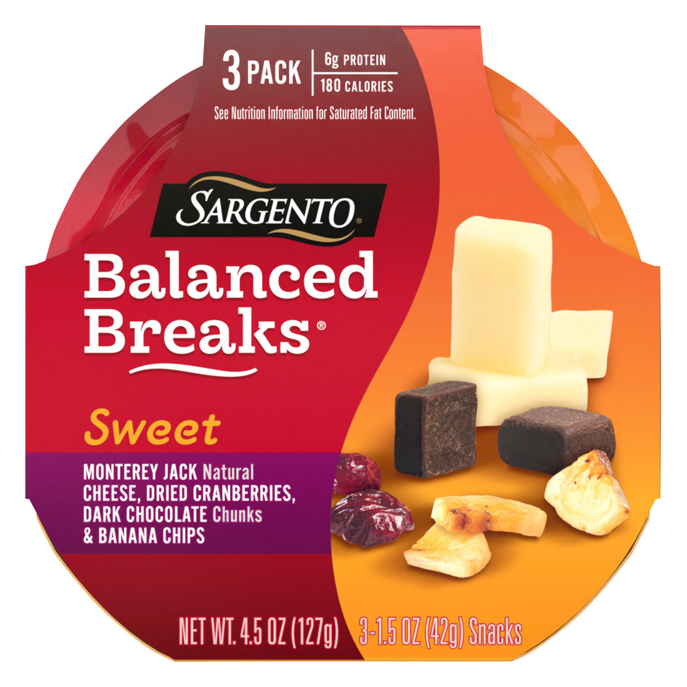 Sargento® Sweet Balanced Breaks® Monterey Jack Natural Cheese, Dried Cranberries, Dark Chocolate Chunks & Banana Chips, 3-Pack