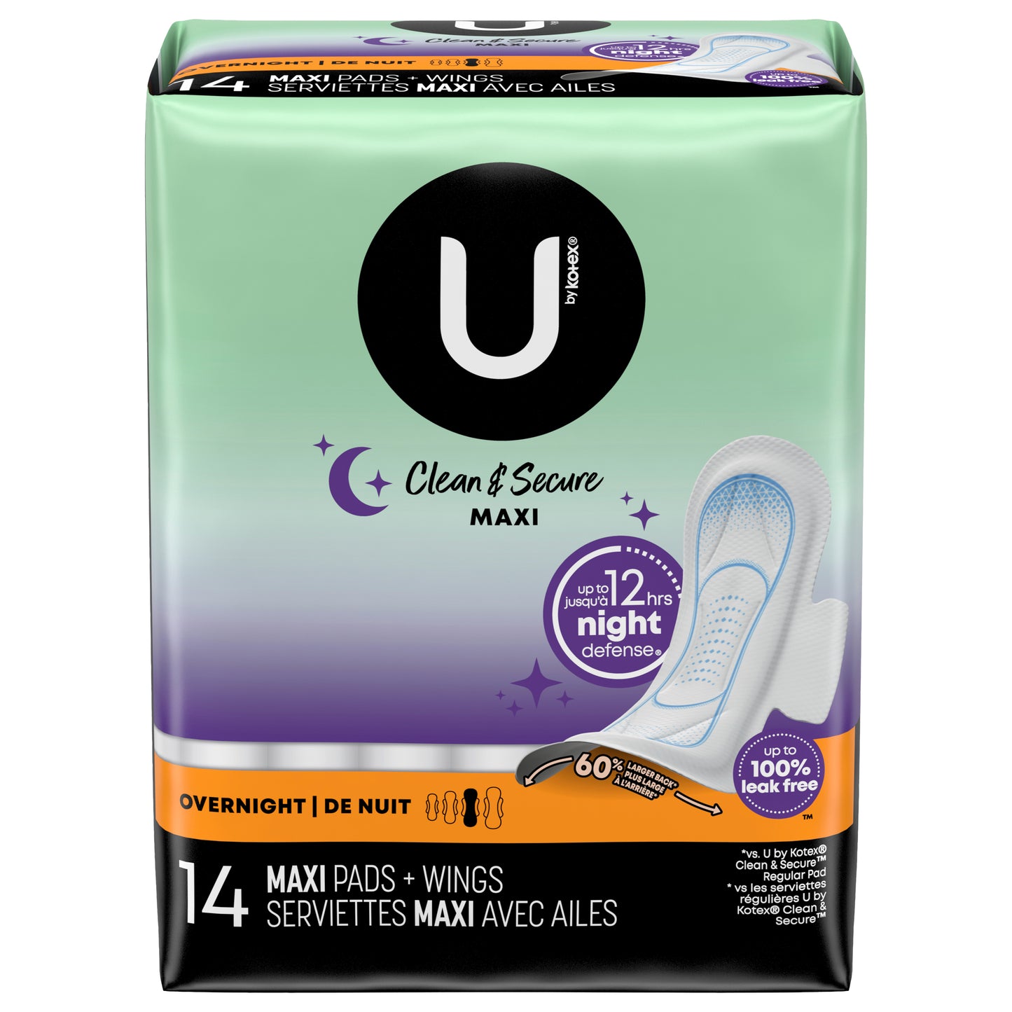 U by Kotex Clean & Secure Overnight Maxi Pads with Wings, 14 Count