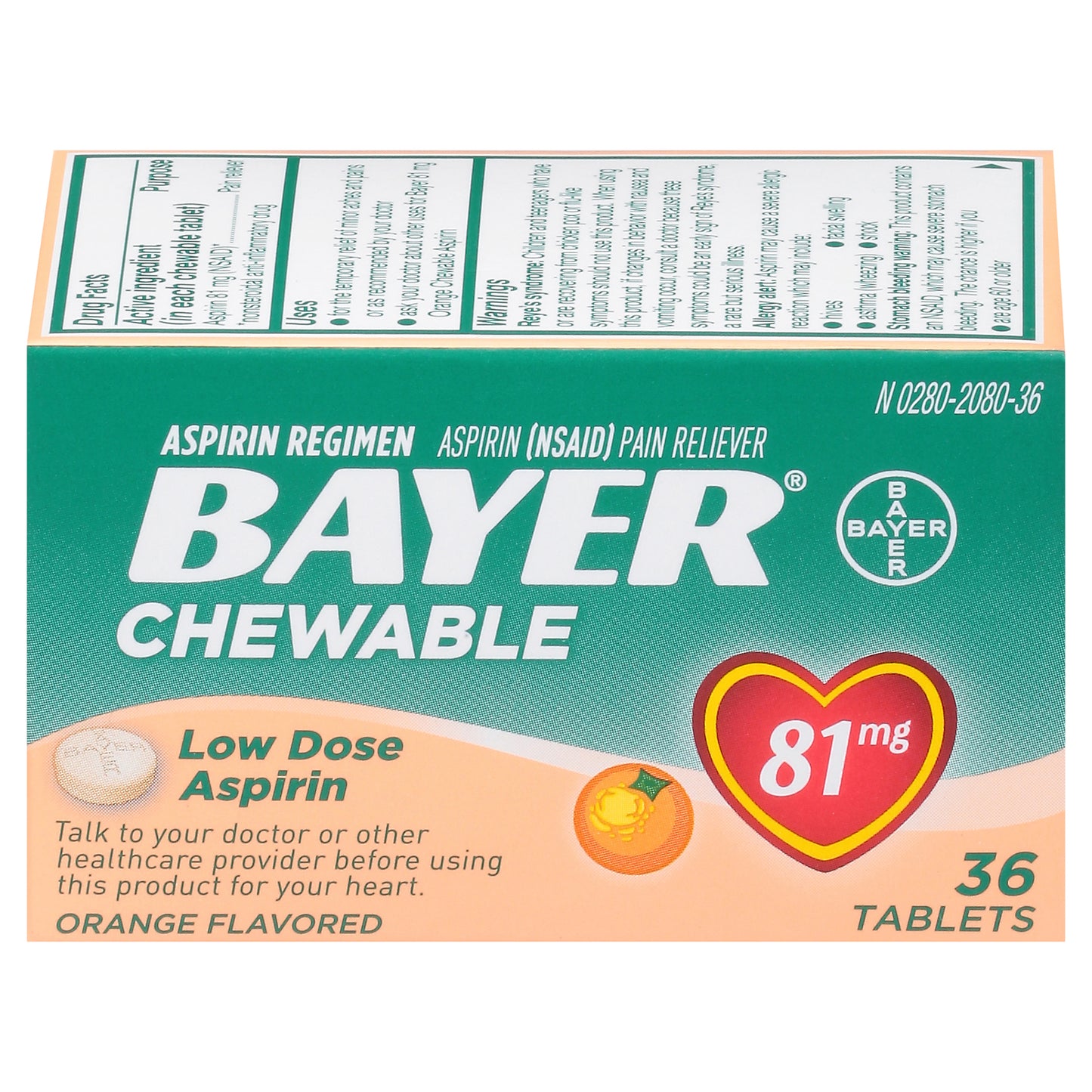 Bayer 81 mg Low Dose Orange Flavor Aspirin 36 Chewable Tablets
