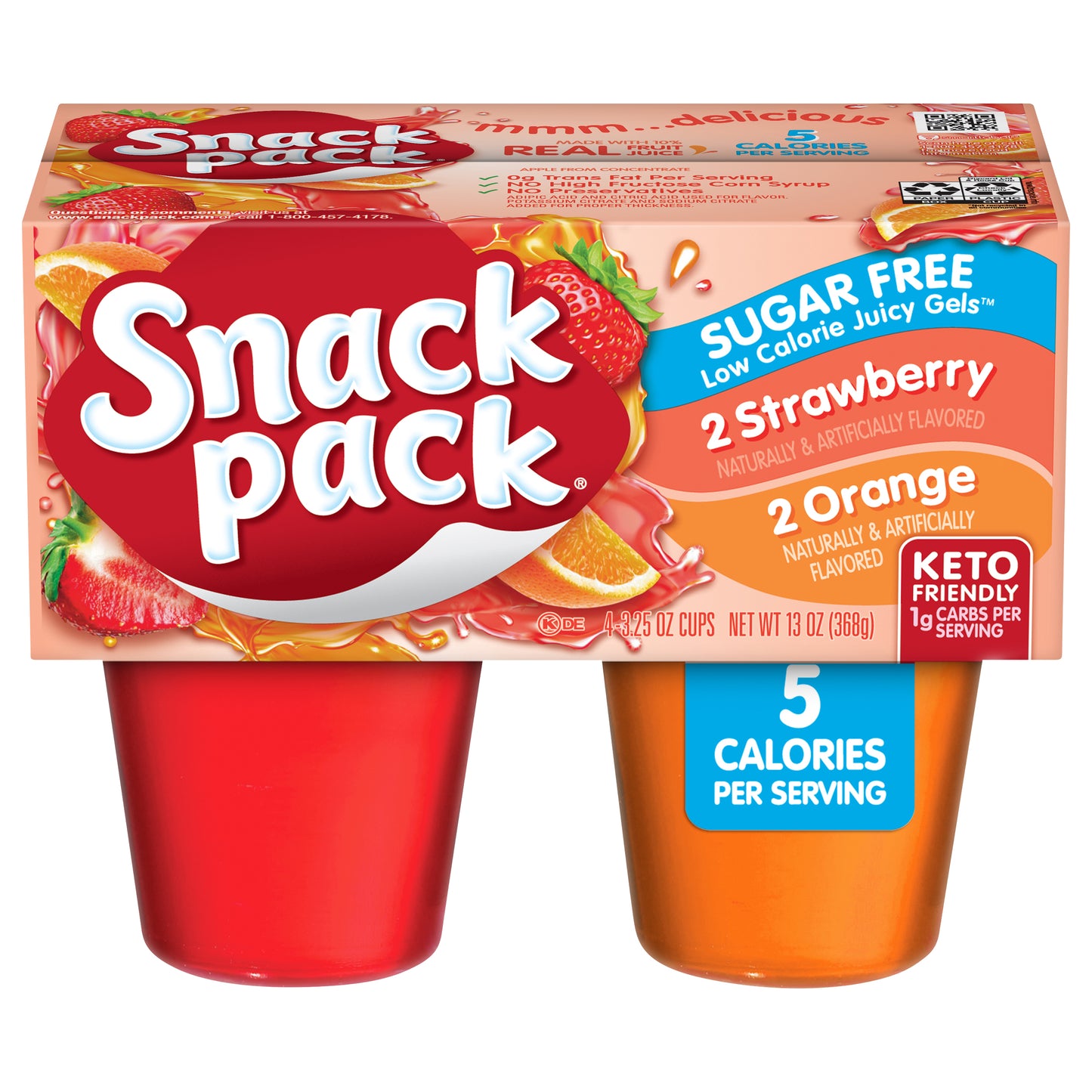 Snack Pack Sugar Free Strawberry & Orange Flavored Juicy Gels, 4 Count Snack Cups