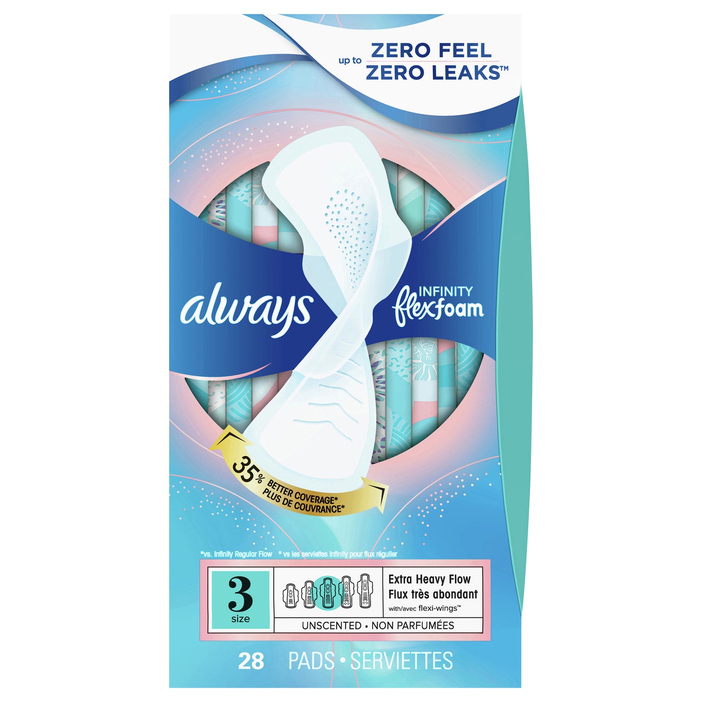 Always Infinity Feminine Pads for Women, Flexfoam Pads with Wings, Size 3, Extra Heavy Absorbency, Unscented, 28 CT