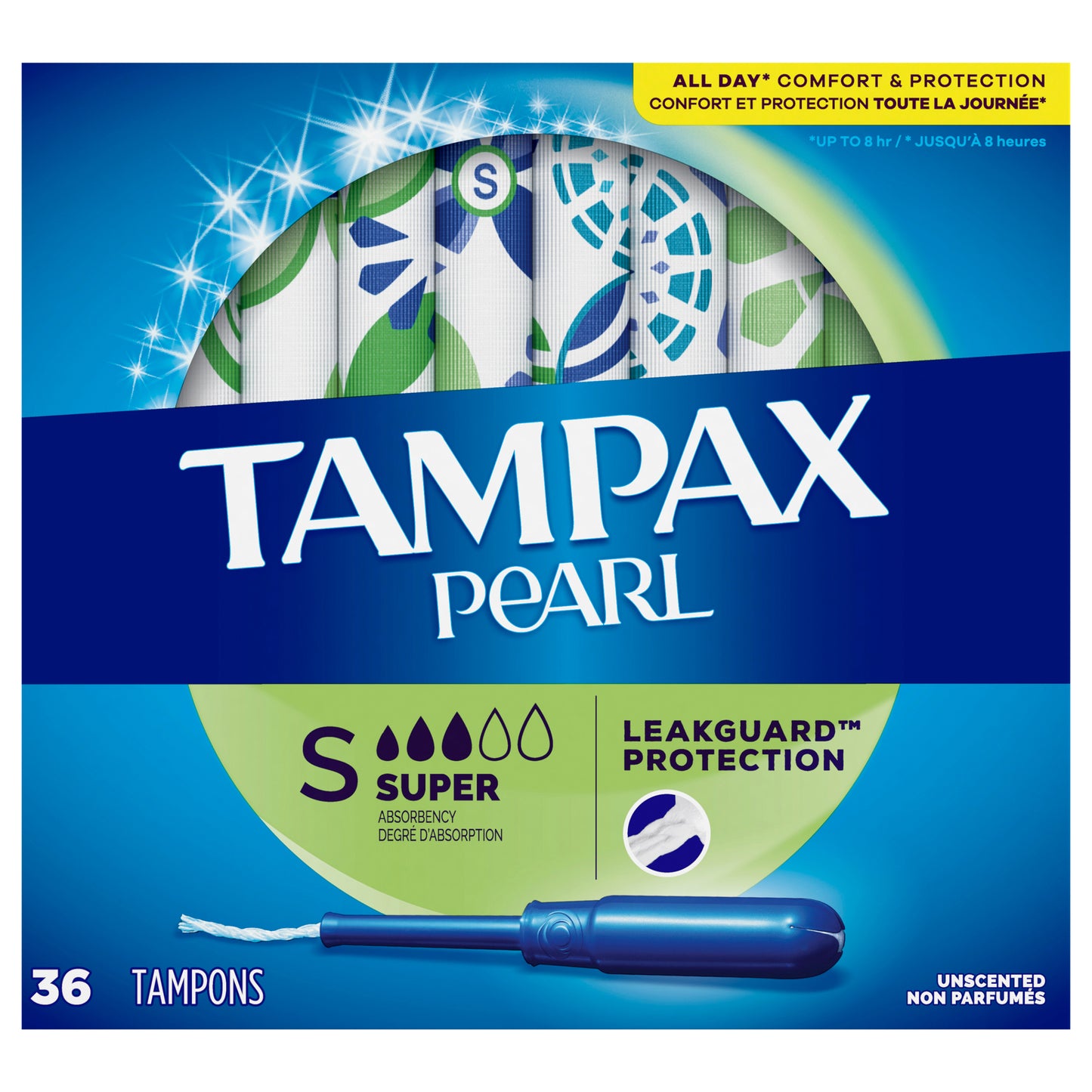 Tampax Pearl Tampons, with LeakGuard Braid, Super Absorbency, Unscented, 36 Count
