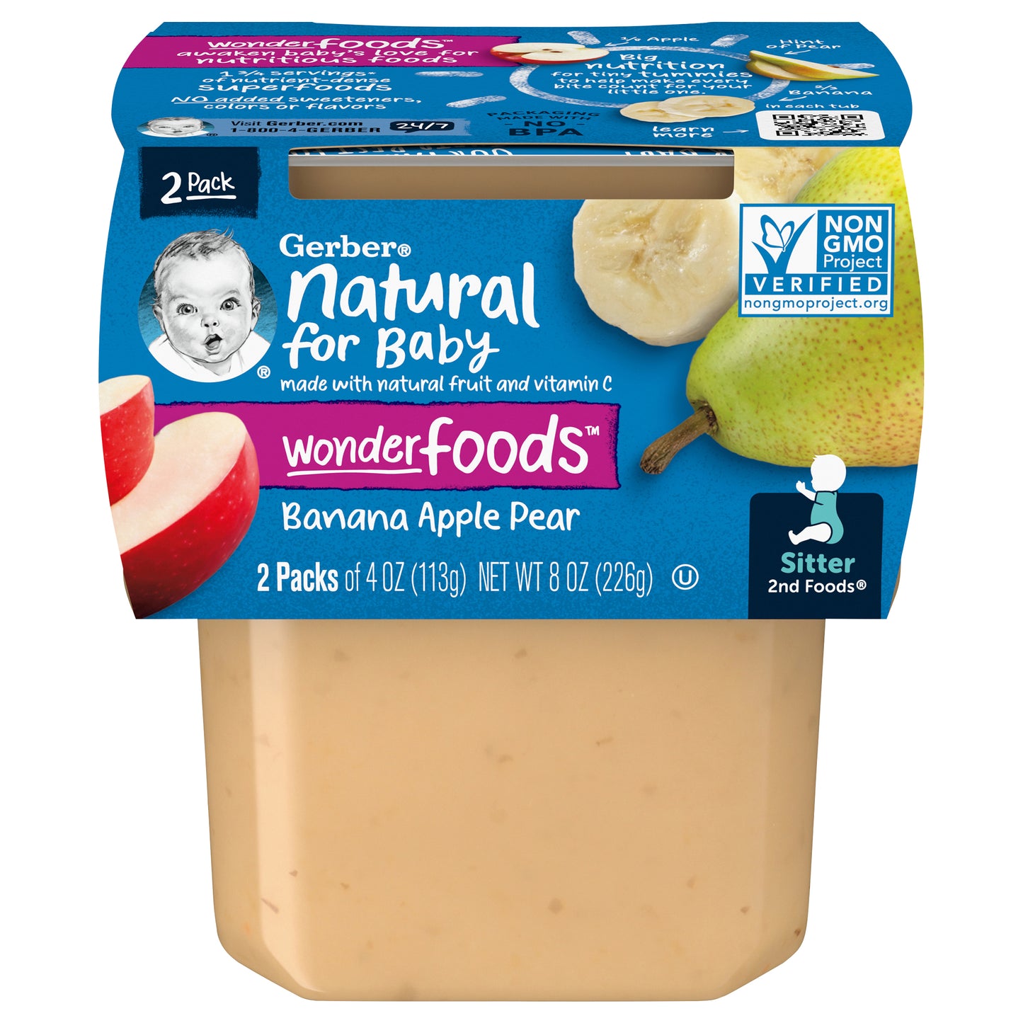 Gerber Natural for Baby 2nd Foods Wonderfoods Banana Apple Pear Baby Food, 4 oz. Tubs, 2 Count