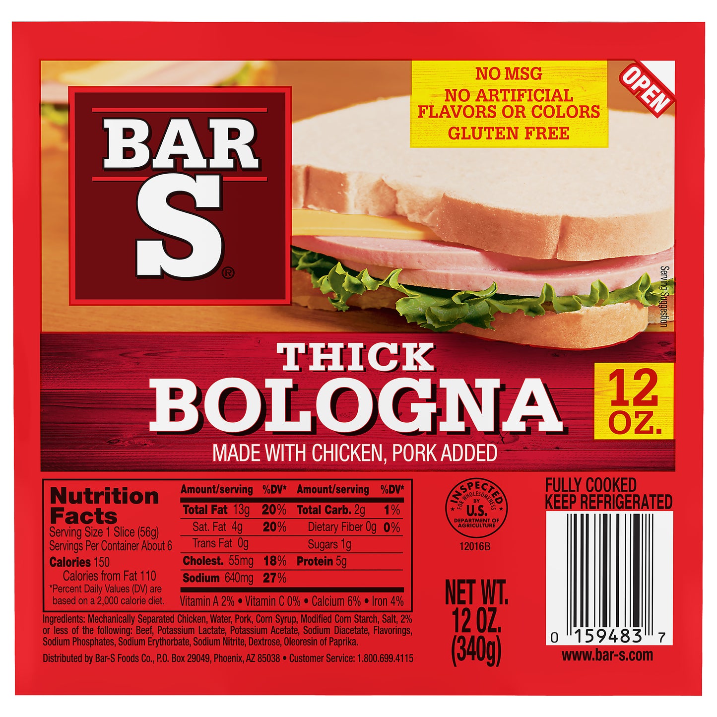 Bar-S Thick Bologna Sliced Deli-Style Lunch Meat, 6 Slices Per Package, 12 Ounce Pack