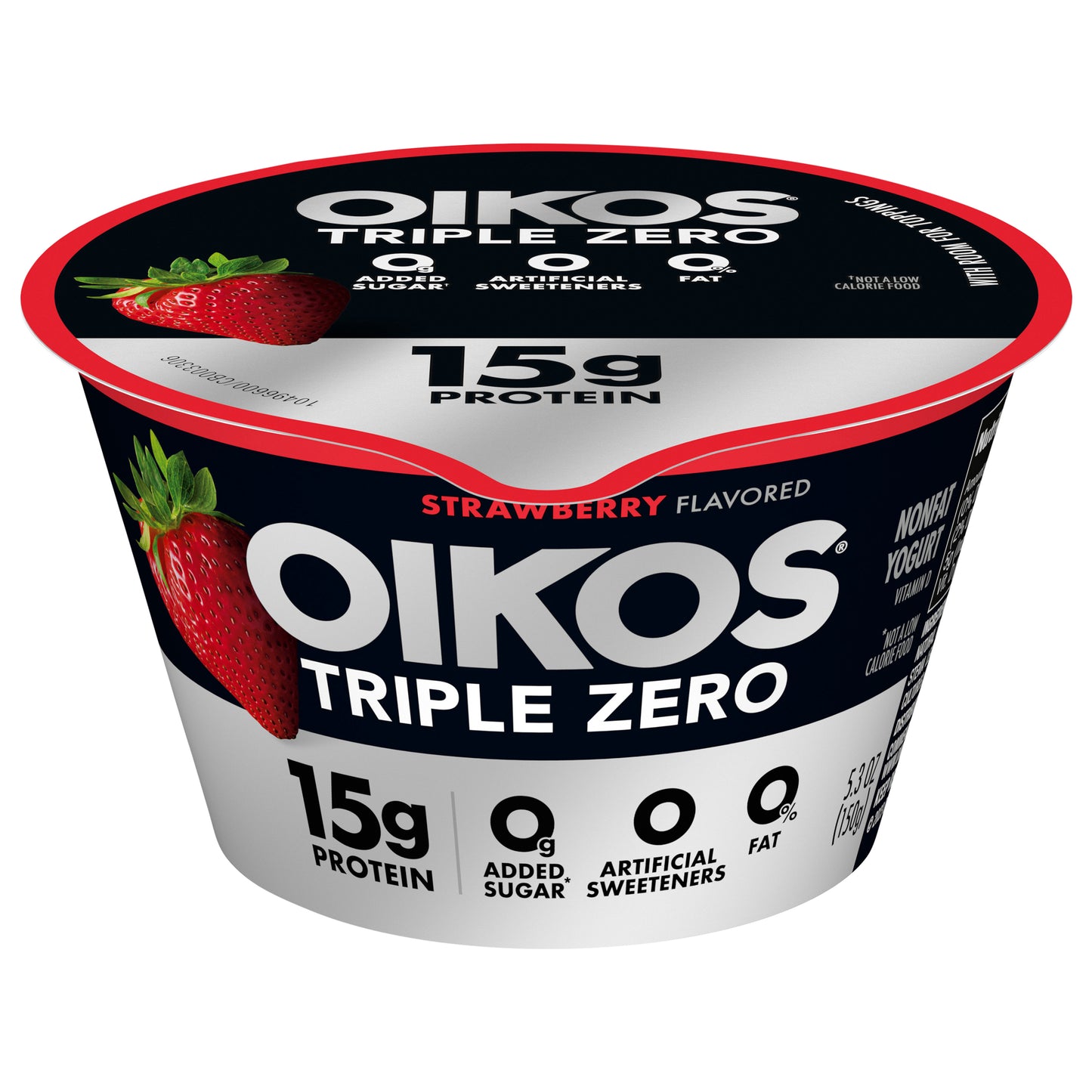 Oikos Triple Zero Strawberry 15g Protein, No Sugar Added, Nonfat Greek Yogurt, 5.3 OZ Cup