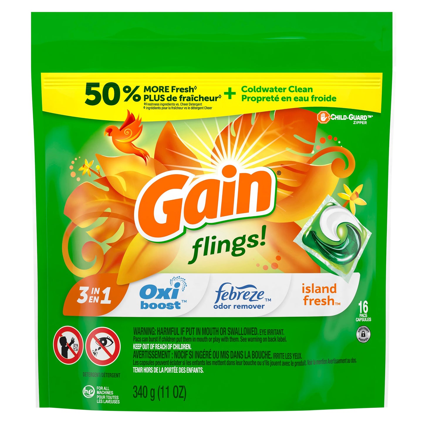 Gain flings! Liquid Laundry Detergent Soap Pacs, HE Compatible, 16 Count, Long Lasting Scent, Island Fresh Scent