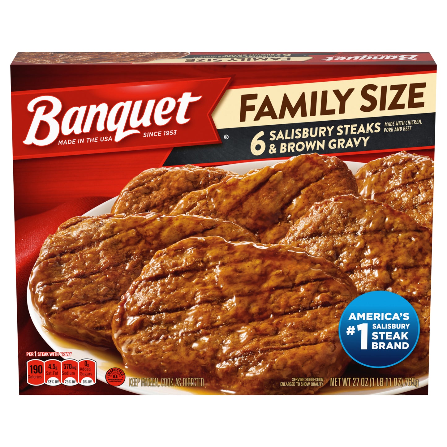 Banquet Family Size Salisbury Steaks and Brown Gravy, Frozen Meal, 27 OZ