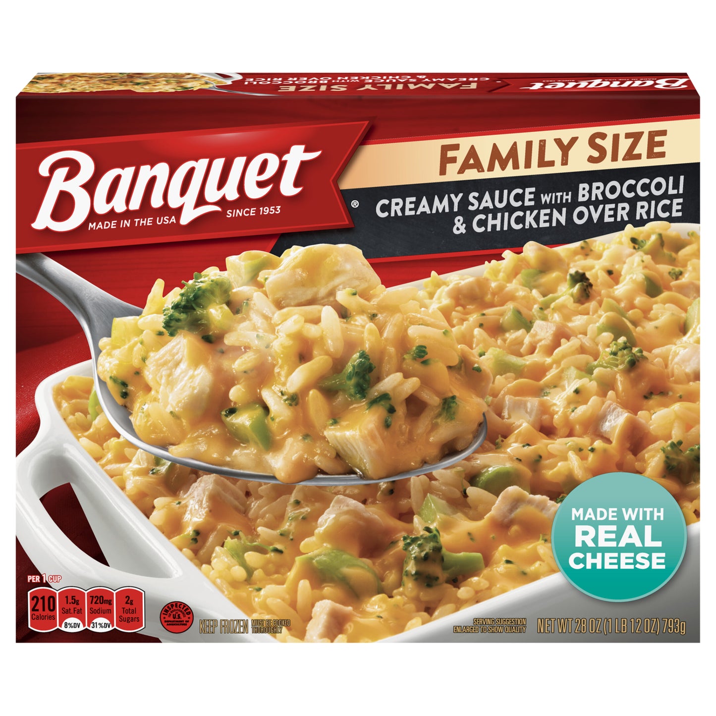 Banquet Family Size Creamy Sauce with Broccoli and Chicken Over Rice, Frozen Meal, 28 OZ