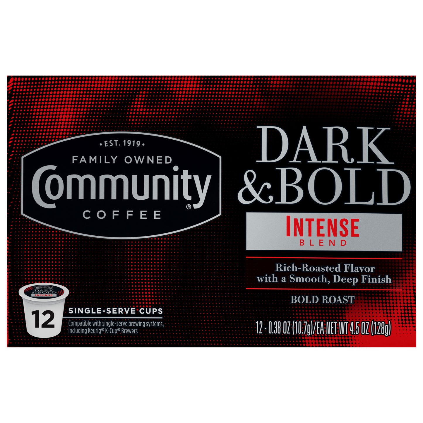 Community Coffee Dark & Bold Bold Roast Intense Blend Coffee 12 - 0.38 oz Single-Serve Cups