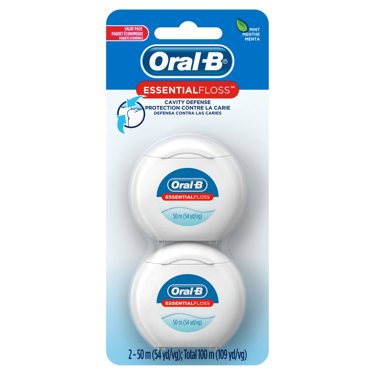 Oral-B EssentialFloss Mint Dental Floss, Cavity Defense, Waxed, Value 2 Pack (50m Each)